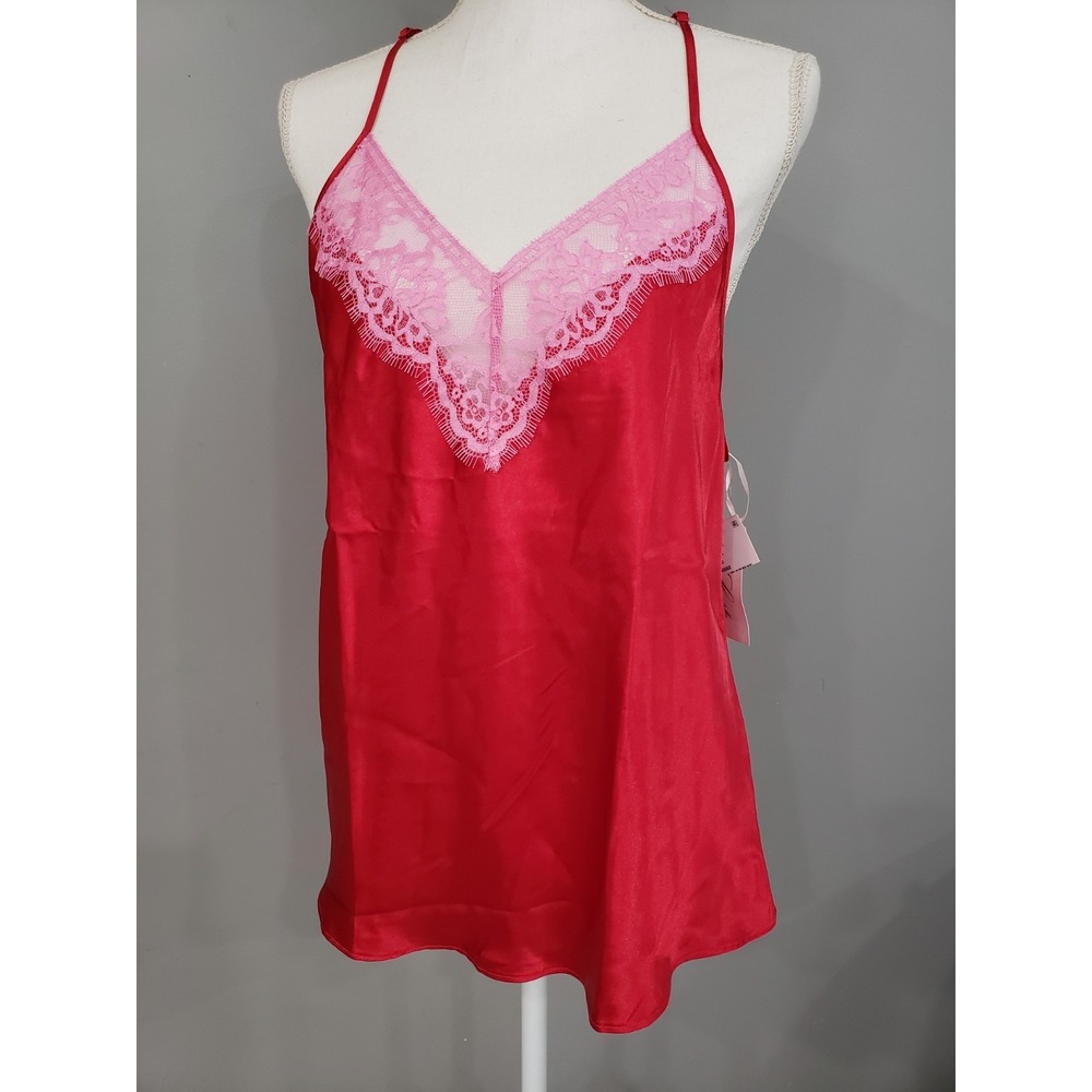 NEW LINEA DONATELLA WOMENS SATIN PINK AND RED LACE CAMI NIGHT SHIRT SLIP TOP
